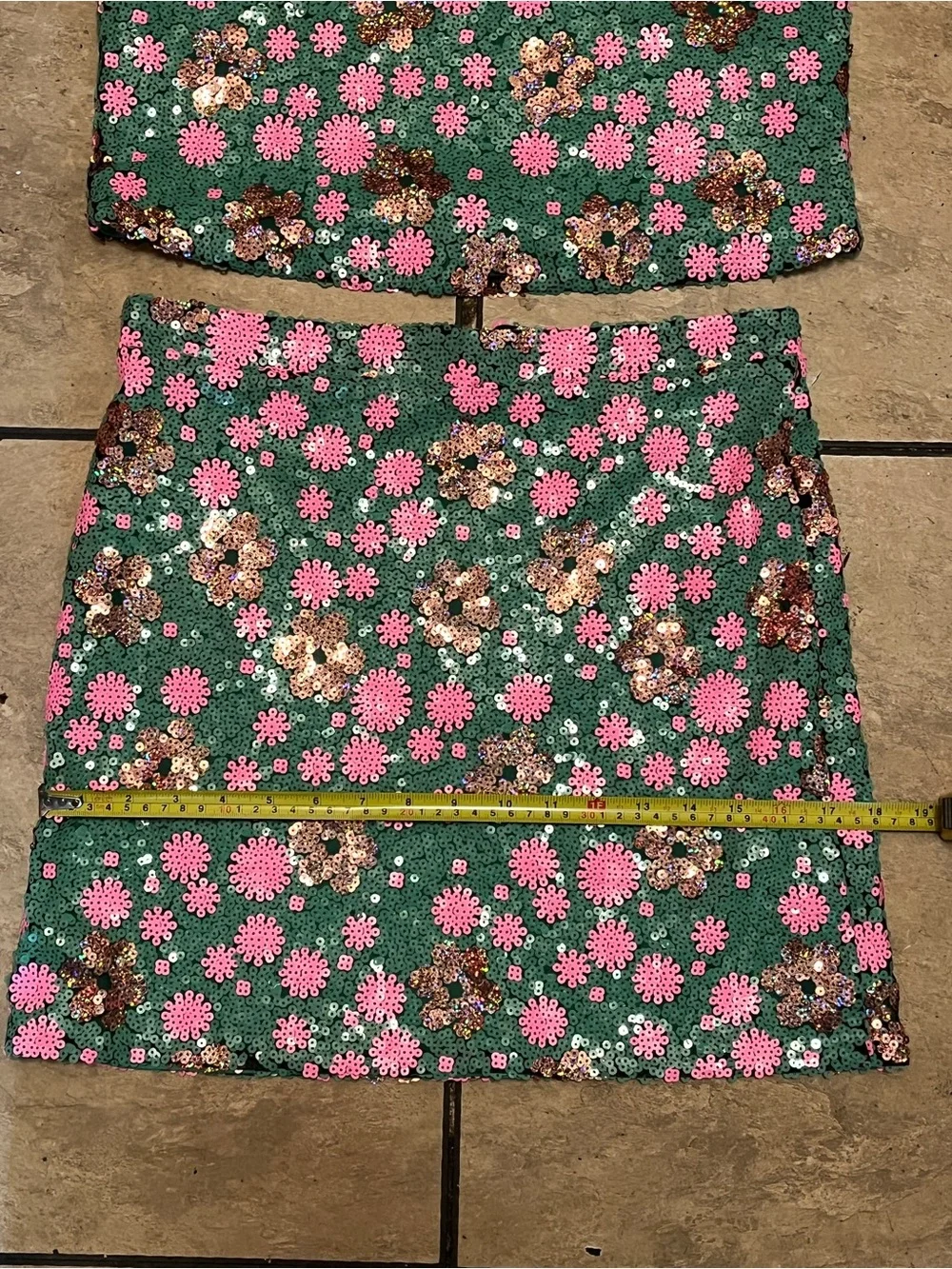 TOPSHOP Size 8 Green Pink Sequin Floral Crop Top Mini Skirt 2 Piece Set